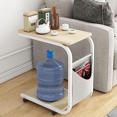 Imagem de Mesa lateral móvel com rodas dobrável pequeno espaço retro mesa de computador portátil multifuncional mesa de cama (cor: carvalho selvagem) (bordo branco)