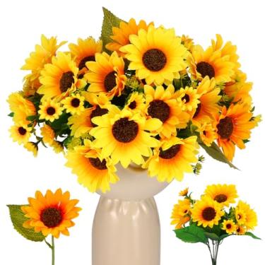 Imagem de Ovveroche Girassóis de flores artificiais, 16 cachos, resistente a UV, girassol, outono, outono, decoração de flores falsas, para vaso de casamento, varanda, pátio, jardim, decoração interna e externa