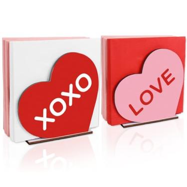 Imagem de Whaline Porta-guardanapos de dia dos namorados vermelho rosa amor coração dispensador de lenços de madeira para aniversário de casamento escritório hotel restaurante bar casa banheiro cozinha mesa de