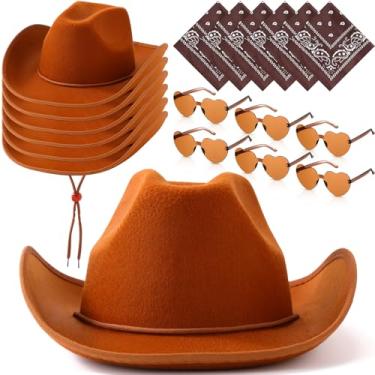 Imagem de Coume 18 peças de chapéu de cowboy com óculos de sol de coração e bandana Paisley chapéu de vaqueira ocidental para fantasia de cosplay de Halloween para adultos, Marrom, M