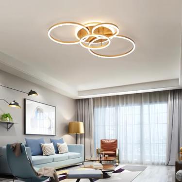 Imagem de Luminária de teto LED moderna para sala de estar, com intensidade de luz infinitamente ajustável, formato de anéis e controle remoto. Lâmpadas de teto redondas de 3000-6000K para quarto, sal