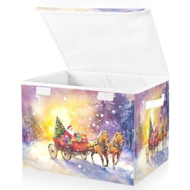 Imagem de Blueangle Cestos de armazenamento de renas de Papai Noel com tampas, 42 x 32 x 30 cm, grande cesta organizadora dobrável para decoração de escritório e armário (241)