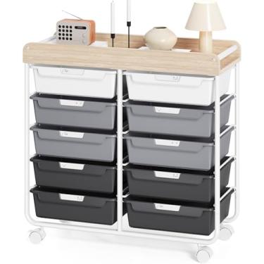 Imagem de Carrinho de rodinhas com 10 gavetas com mesa de madeira, carrinho de armazenamento utilitário com rodas, organizador de artesanato de suprimentos de arte sobre roda com moldura de metal e alças para