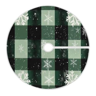 Imagem de Blueangle Saia de árvore de Natal xadrez de búfalo preto com flocos de neve de 118 cm saia de poliéster macio para decoração de árvore de Natal (280)