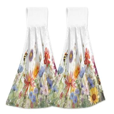 Imagem de xigua Conjunto de 2 toalhas de cozinha coloridas de flores silvestres, toalhas de cozinha macias e absorventes rápidas com laço para pendurar e adesivos mágicos, toalhas de mão de pano para pendurar
