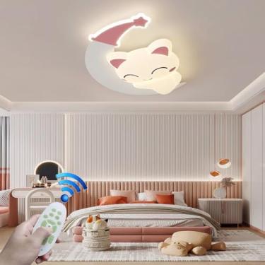 Imagem de Luminária de teto fofa em formato de gato, com LED dimerizável, ideal para quarto de bebê, com cúpula em PE. Design criativo de desenho animado, perfeita para cozinha, ilha, banheiro e sala