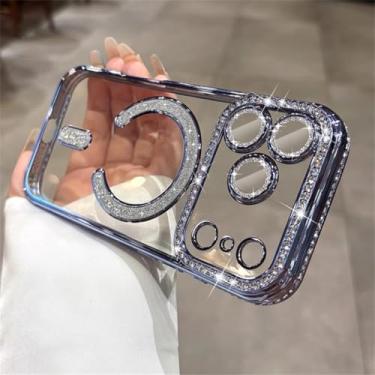 Imagem de Capa transparente magnética com moldura de diamante e glitter para iPhone Air 16, 15, 14 Plus e 13 Pro Max, à prova de choque e resistente a impactos (para iPhone 16 Pro/Azul Sierra).