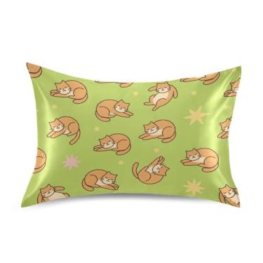 Imagem de Wassud Fronha de cetim Ginger Star Cats para cabelo e pele fronhas de seda lisa Queen Size Capas de travesseiro respiráveis com fecho de envelope