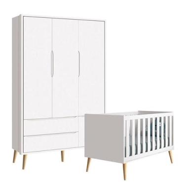 Imagem de Berço Americano e Guarda Roupa 3 Portas Infantil Theo Branco Acetinado