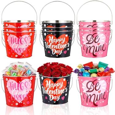 Imagem de Wurosi 12 peças de balde de metal para Dia dos Namorados com alça, porta-lápis pequeno de 15,6 x 13,7 cm, balde de metal, mini baldes de festa de coração para lembrancinha de festa de flores dos