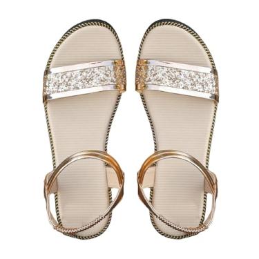 Imagem de GORGLITTER Sandália social feminina com strass brilhante e bico aberto com tira no tornozelo, sandálias planas metálicas, Dourado, 9.5 Big Kid