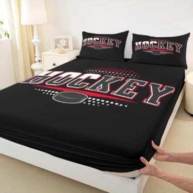 Imagem de Jogo de lençol casal infantil de hóquei no gelo, evento de inverno, bola esportiva, decoração de quarto de meninos e adultos, capa de cama moderna de estádio de hóquei, preto punk, 3 peças, 2 fronhas