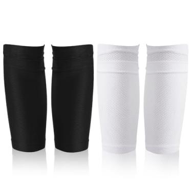 Imagem de 2 pares de meias de caneleira, caneleiras respiráveis de futebol, meias de proteção de futebol, mangas macias para panturrilha para adultos iniciantes (preto e branco)