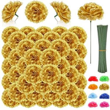 Imagem de LELEE 108 peças de flores de cabeça de cravo com haste - flores artificiais douradas, cravos a granel - flor falsa de cravo de seda para decoração de buquê de casamento, faça você mesmo, centro de