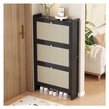 Imagem de 3FLQOOPP Armário de sapatos de vime, com 2/3 gavetas dobráveis e prateleiras de armazenamento, armário de armazenamento independente para entrada, corredor, quarto (cor: preto, tamanho: três portas 70