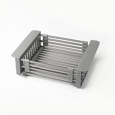 Imagem de Suporte de pia telescópico cesta telescópica de aço inoxidável rack de pia telescópica cesta de lavagem de louça rack de pia de cozinha rack de cozinha uso diário (cor: cinza tamanho: tamanho único)