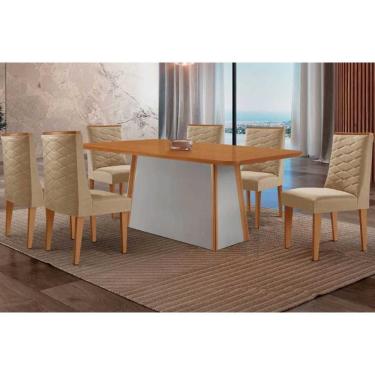 Imagem de Conjunto: Mesa Sala Jantar Tilia c/ Tampo Madeirado Canto Curvo 180x90cm e 6 Cadeiras Dafne Naturale/Off White - Linho Bege - Rufato