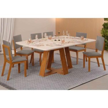 Imagem de Conjunto: Mesa de Cozinha Celeste c/ Tampo Madeirado c/ Vidro Curvo 160x90cm e 6 Cadeiras Talia Cedro/Off White - Suede Lunar - DJ Móveis