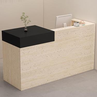 Imagem de Mesa de recepção moderna com gaveta e armário de armazenamento - Recepção de madeira para computador com painel lateral envolvente - Mesa de balcão de recepção frontal (preto + cores mistas, 120 cm)