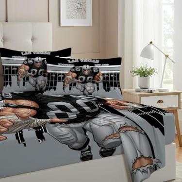 Imagem de Allenjoy Jogo de lençol com borda preta de futebol americano de Las Vegas com elástico, lençol de cima e 2 fronhas para decoração de quarto de meninos e adolescentes, tamanho casal
