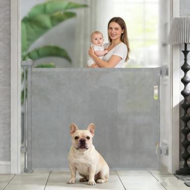 Imagem de Portão Grade Retrátil de Proteção para Bebês e Cachorros 300 * 86CM, Portão de Segurança Retrátil com Mecanismo de Bloqueio, Instalação por Furação, Cinza