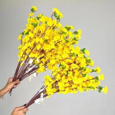 Imagem de Kit Buquê de Flores de Cerejeira Artificial Estilo Oriental Decoração 65cm(Amarela,Kit com 10 Unidades)