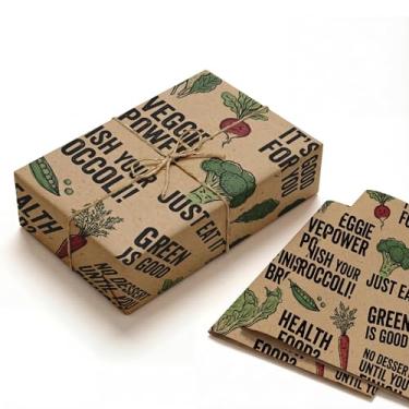 Imagem de Papel de embrulho de pegadinha - 2 folhas de papel de embrulho kraft com design engraçado de vegetais e brócolis - presente de mordaça para crianças e homens, papel de embrulho engraçado "Eat Your