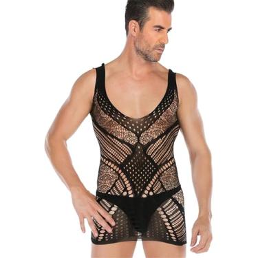 Imagem de Eagerlove Body masculino sexy arrastão malha bodystocking lingerie transparente macacão elástico para noite presente para encontros noturnos, Estilo preto - 2, Tamanho Único
