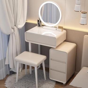 Imagem de Mesa de penteadeira com espelho e luzes, penteadeira com gavetas de armazenamento, armário lateral retrátil, penteadeira de maquiagem compacta para espaços pequenos, inclui banco