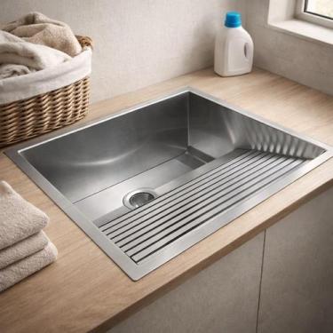 Imagem de Tanque de Lavar Roupa Em Aço Inox Escovado Grande 54x49 Cm Cozix