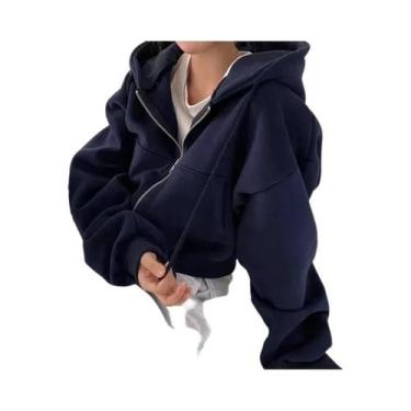 Imagem de Moletom Feminino Azul Marinho Com Capuz E Zíper, Forrado Com Insfleece