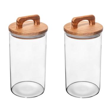 Imagem de Conjunto 02 Potes de Vidro com Tampa Hermética de Acácia 1,25L Wolff