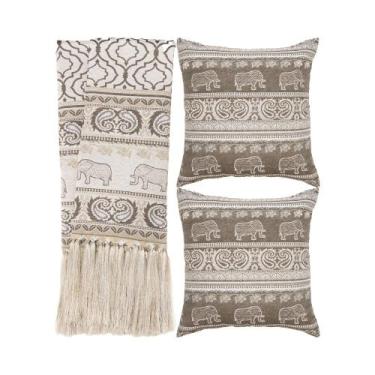 Imagem de Kit 1 manta Rústica e 2 Capas de Almofada para Sofá Indiano Cinza