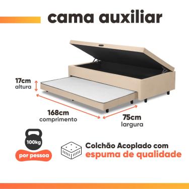 Imagem de Cama Bibox Baú com Colchão Real Solteiro e Cama Auxiliar Conjugada 88x188x73cm Bela