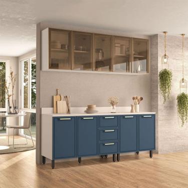 Imagem de Cozinha Compacta Amara 9 Portas 3 Gavetas com Vidro Azul/Branco - Politorno