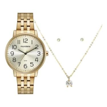 Imagem de Kit Relógio Mondaine Dourado Feminino Colar Semi Joia