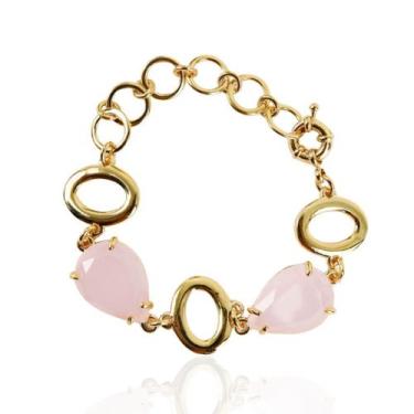 Imagem de Pulseira feminina pedra gota rosa claro banhada a ouro 18k - Brimatto