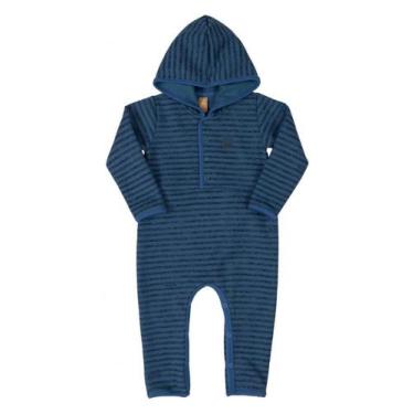 Imagem de Macacão para bebê Up Baby Longa Moletom Ursinho Listra Azul