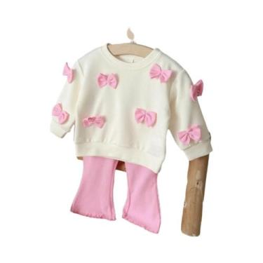 Imagem de Conjunto De Roupa Para Bebê Com Laço Rosa E Calças Flare De Manga Long