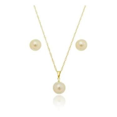 Imagem de Conjunto Colar Pingente Brincos Pérola Folheado Ouro 18k Top - Biju