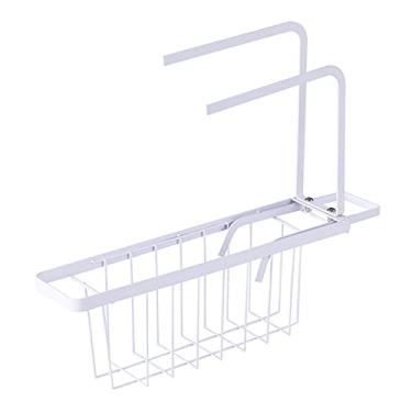 Imagem de Suporte telescópico para pia de cozinha, suporte para esponja, organizador de secagem de sabão com barra de toalha para cozinha, branco