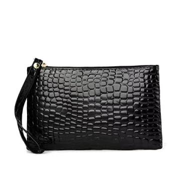 Imagem de Bolsa de cosméticos de couro pequena para mulheres, carteira de couro de crocodilo, bolsa de mão, bolsa de moedas, bolsa de cosméticos, Preto