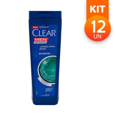 Imagem de Shampoo Clear Men Anticaspa 2 Em 1 Limpeza Diária com Minerais Bio Booster 400ml (Kit com 12)