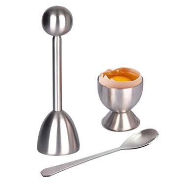 Imagem de Conjunto de cortador de ovos, 3 peças de aço inoxidável, abridor de ovos, utensílio para separador de ovos poché, ferramenta para ovos fervidos macios e rígidos (1 copo de ovo + 1 colher de ovo oval + 1 removedor de casca de cortador de ovo)