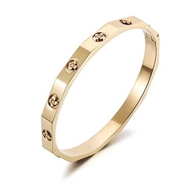 Imagem de WISTIC Pulseira bracelete de ouro para mulheres trevo de quatro folhas polido grosso aço inoxidável banhado a ouro joia para meninas conjunto de presente com anéis