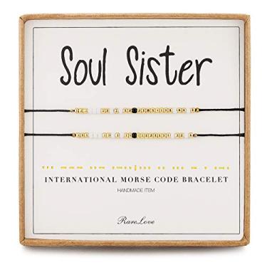 Imagem de Pulseira RareLove 2 peças Soul Sister Morse Code Presente Inspirador de Amizade para 2 Melhores Amigos Mulheres Meninas Branco Dourado Preto Minúsculo Pônei Sementes Pulseiras com Cordão Preto