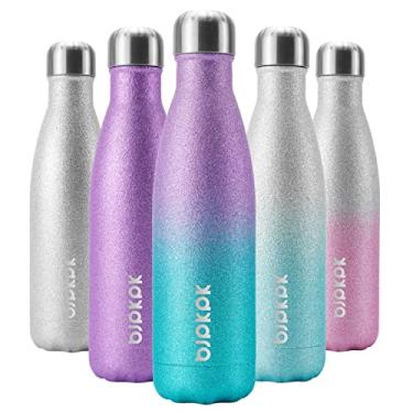 Imagem de BJPKPK Garrafas de água isoladas de 500 ml de aço inoxidável, garrafas de água esportivas mantêm frias por 24 horas e quentes por 12 horas, sem BPA, glitter roxo e verde