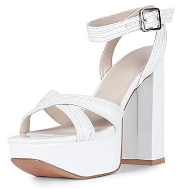 Imagem de Sandálias femininas de bico aberto salto alto salto grosso peep toe tira no tornozelo sapatos sociais de plataforma alta para mulheres, branco, 39 EU/8 EUA