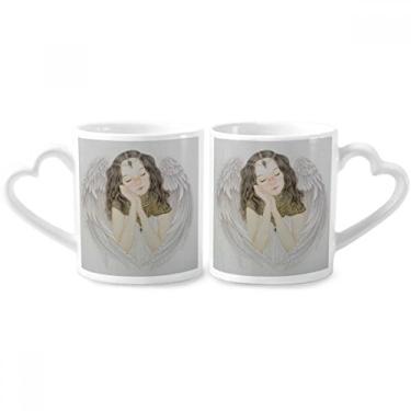 Imagem de White Wing Pretty Girl Conjunto de canecas de porcelana para casal com pintura chinesa e alça de coração