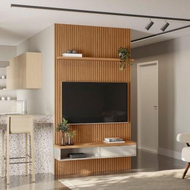 Imagem de Painel Ripado Modular 1 Nicho 1 Prateleira Linea Brasil Marrom/Off White